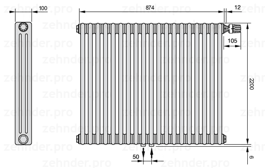 Схема (чертеж) Радиатор Zehnder Charleston 3220/19 №V008 Белый глянцевый RAL 9016